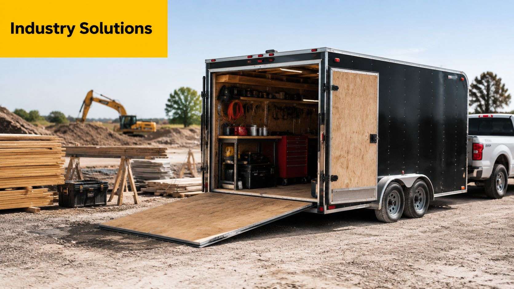 A black enclosed work trailer with an open ramp parked at a construction site with tools inside.