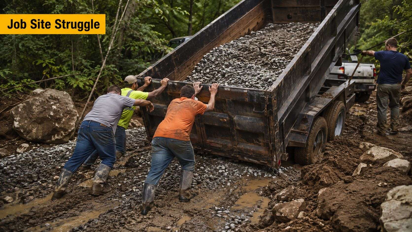 Four construction workers struggling to push a heavy gravel-filled dump trailer stuck in deep mud.