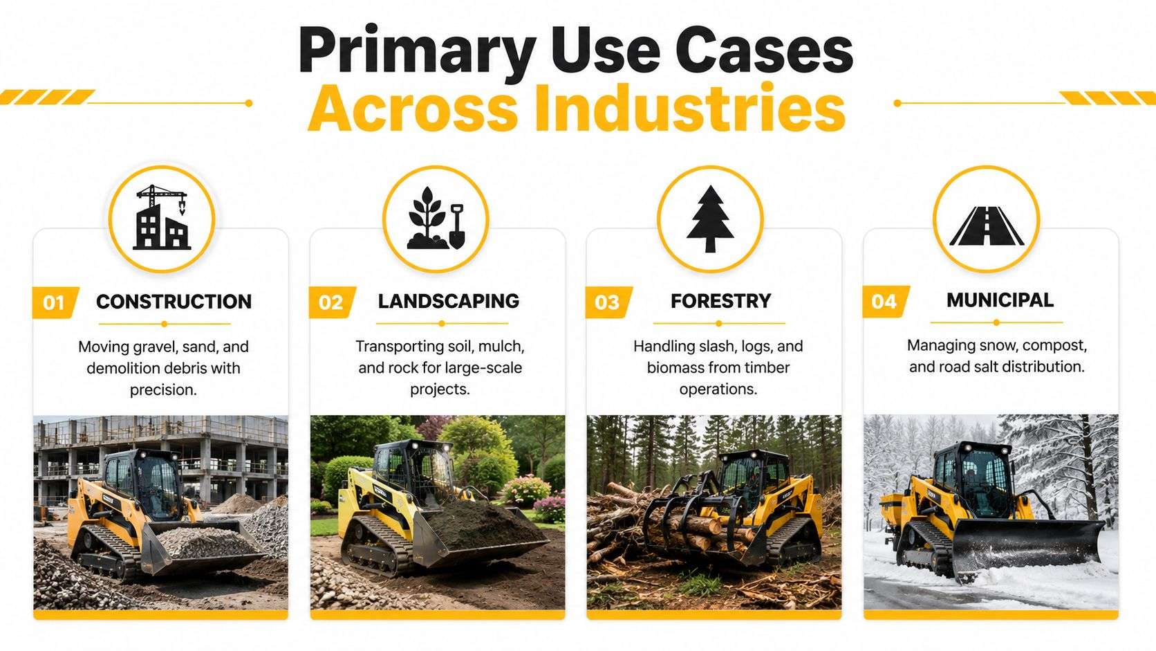 A graphic showing four primary use cases for a yellow track loader across construction, landscaping, forestry, and municipal industries.