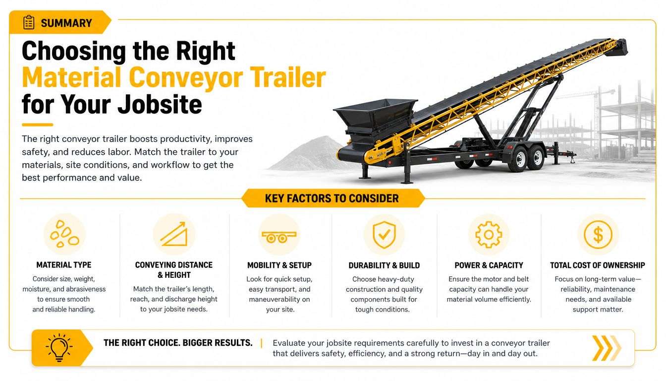 An infographic summarizing key factors for choosing a material conveyor trailer for your construction jobsite needs.