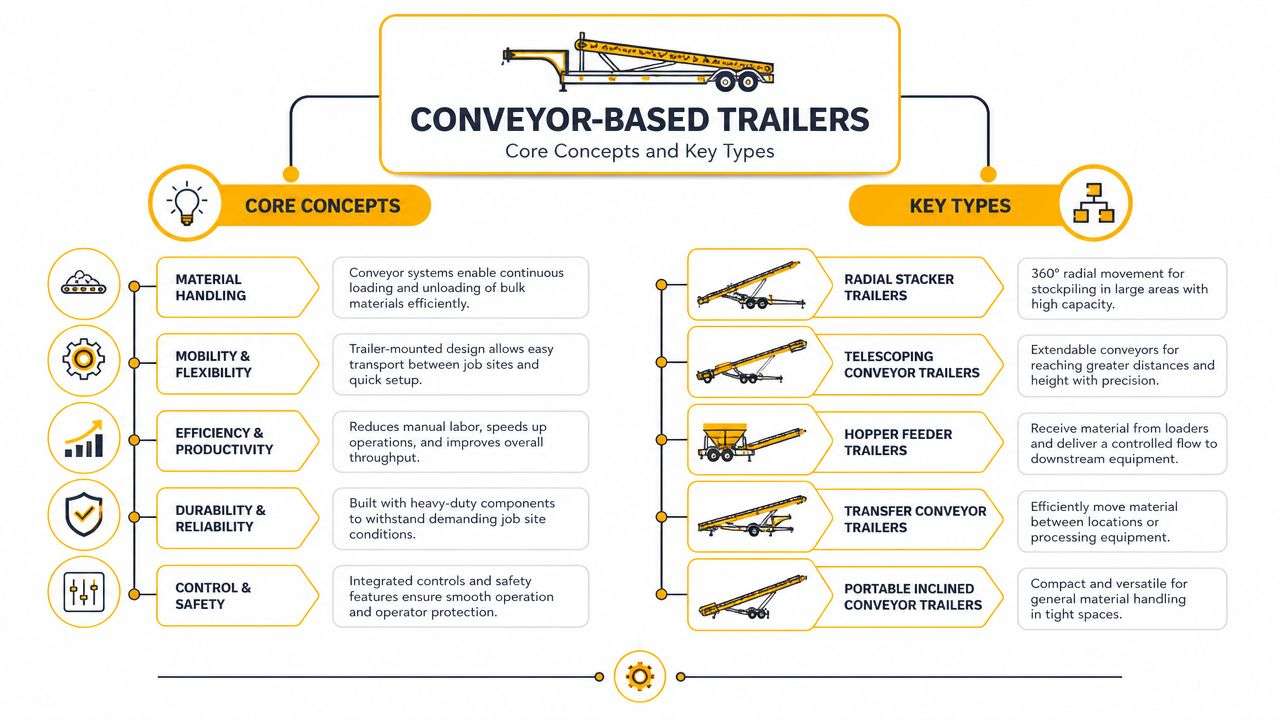An infographic detailing core concepts and key types of conveyor-based trailers used for material handling.