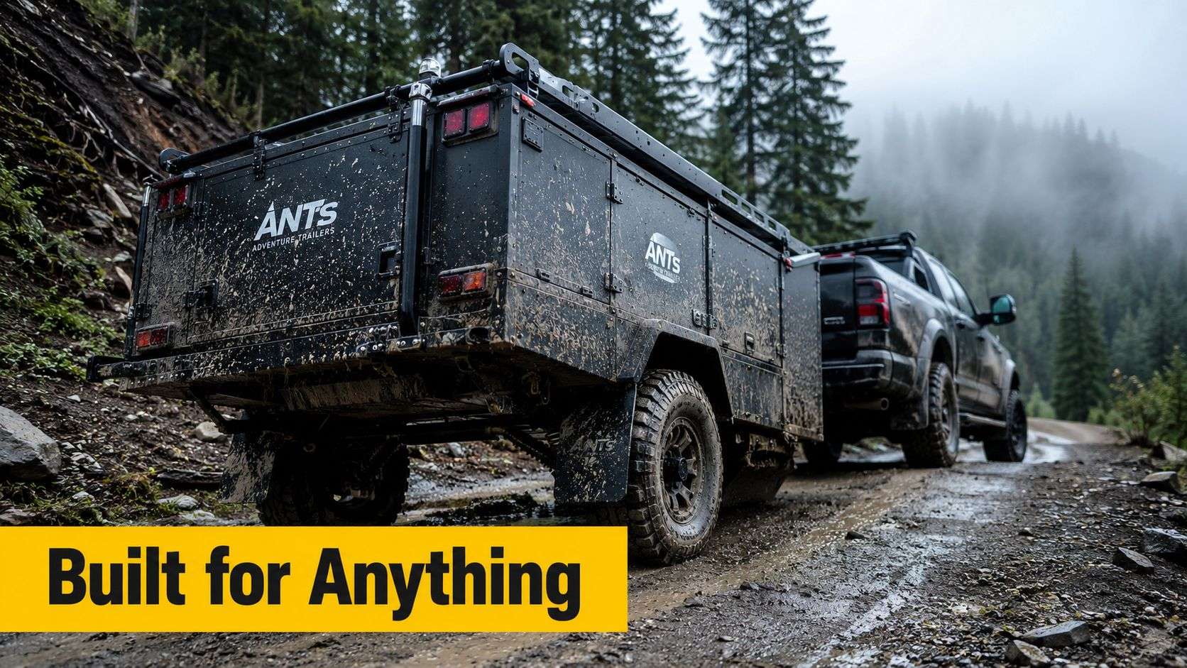 A black ANTS Adventure Trailer hitched to a pickup truck parked on a muddy, misty mountain trail.