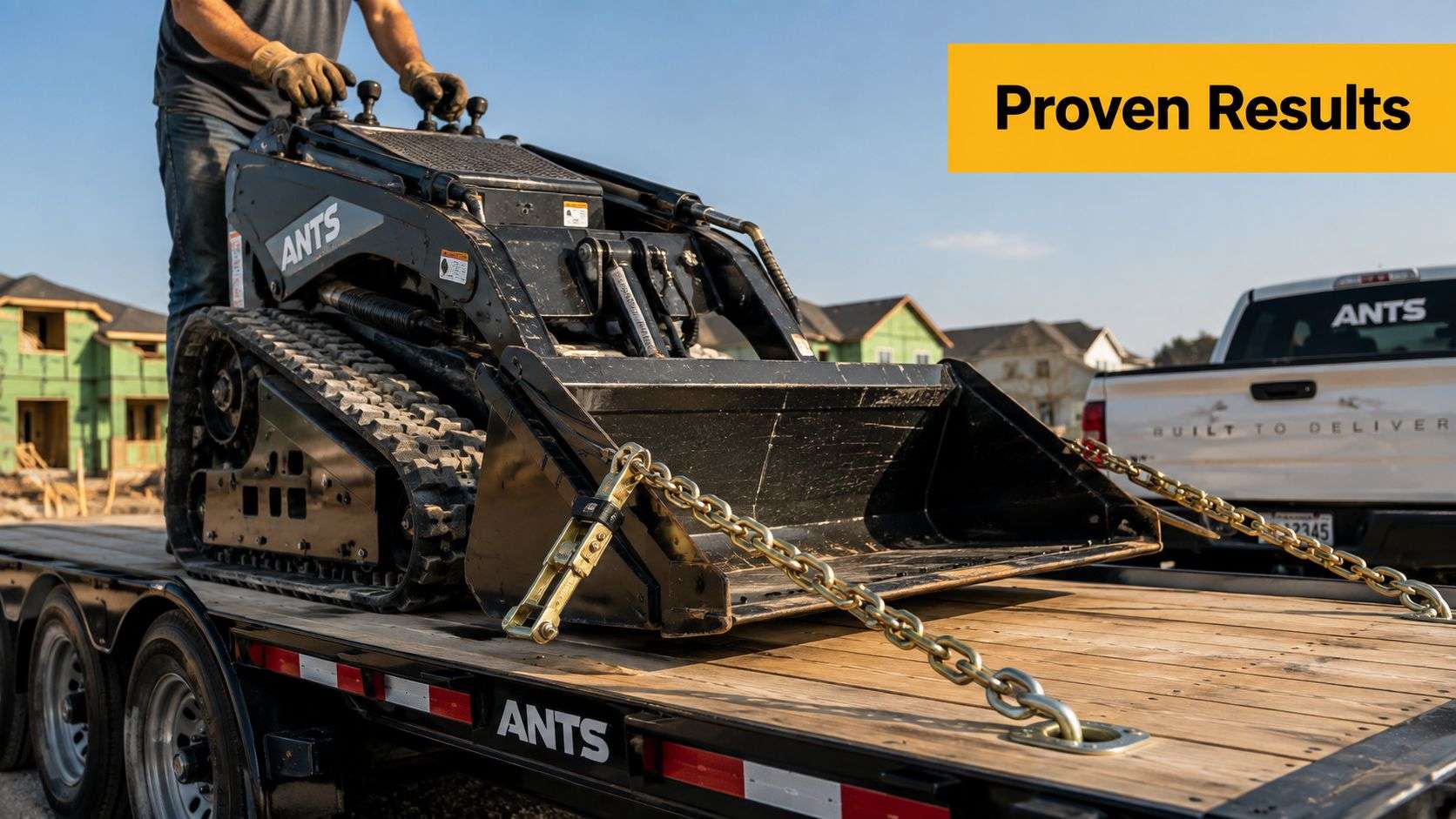 A construction worker securing a black skid steer loader to an Ants branded utility trailer for transport.