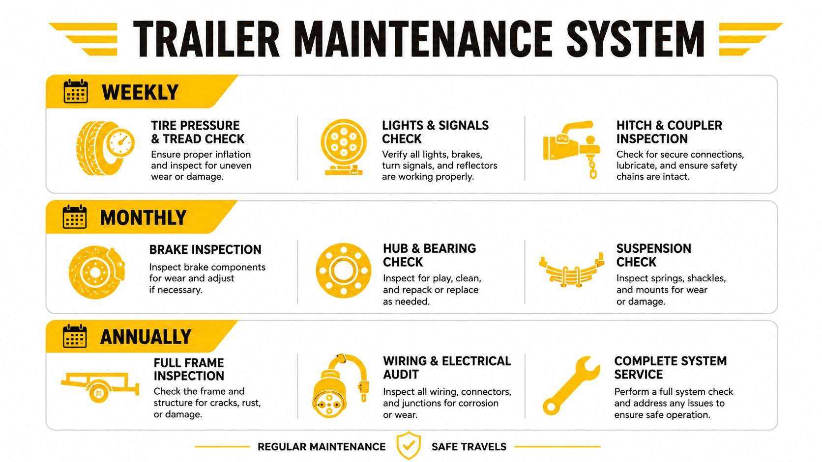 A comprehensive maintenance checklist infographic for trailers, outlining weekly, monthly, and annual safety inspection tasks.