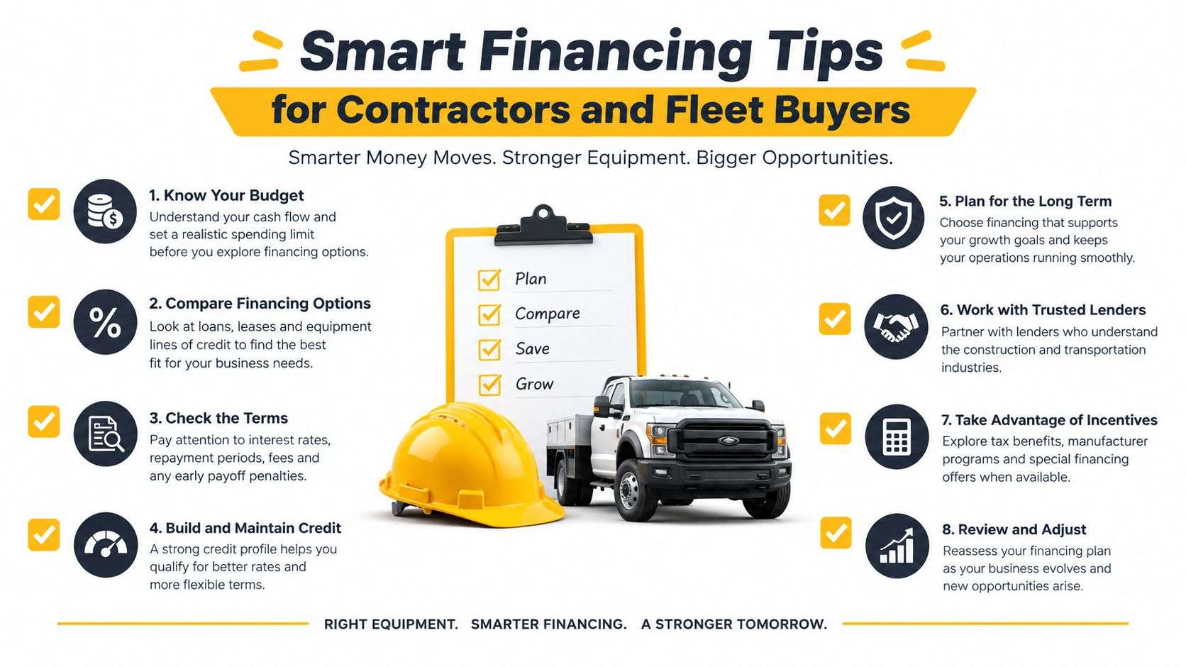 An infographic titled Smart Financing Tips for Contractors and Fleet Buyers featuring eight financial planning advice points.