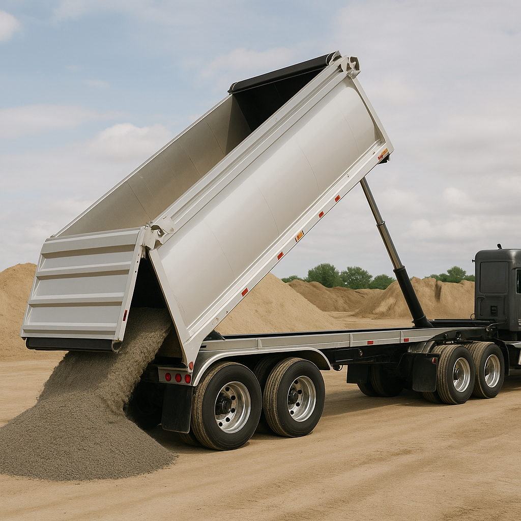 Live bottom dump trailer unloading material at a jobsite