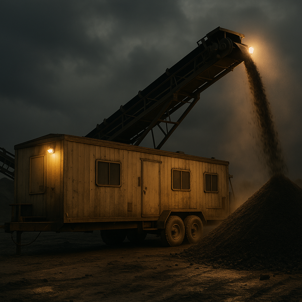 Conveyor trailer with conveyor belt unloading material on a jobsite