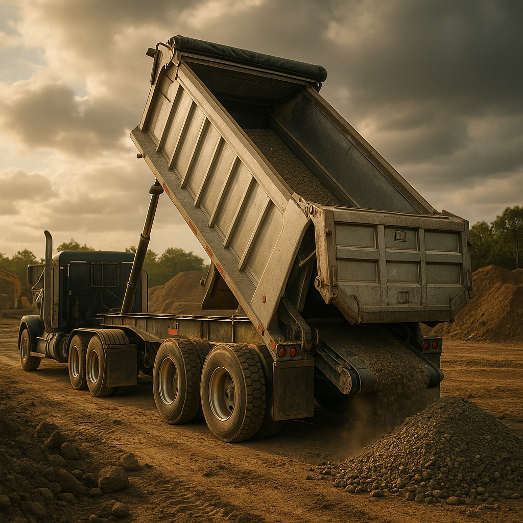 A durable live-bottom trailer with a conveyor bed unloading material on a construction jobsite