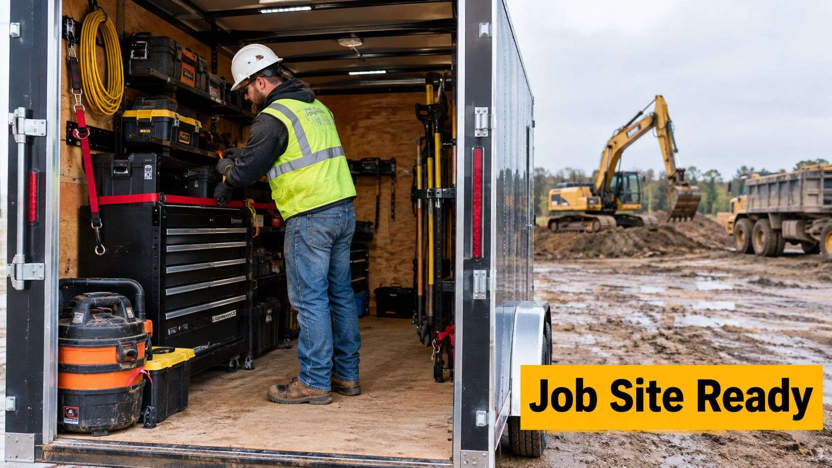 A construction worker in a high visibility vest organizes tools inside an enclosed trailer on a job site.
