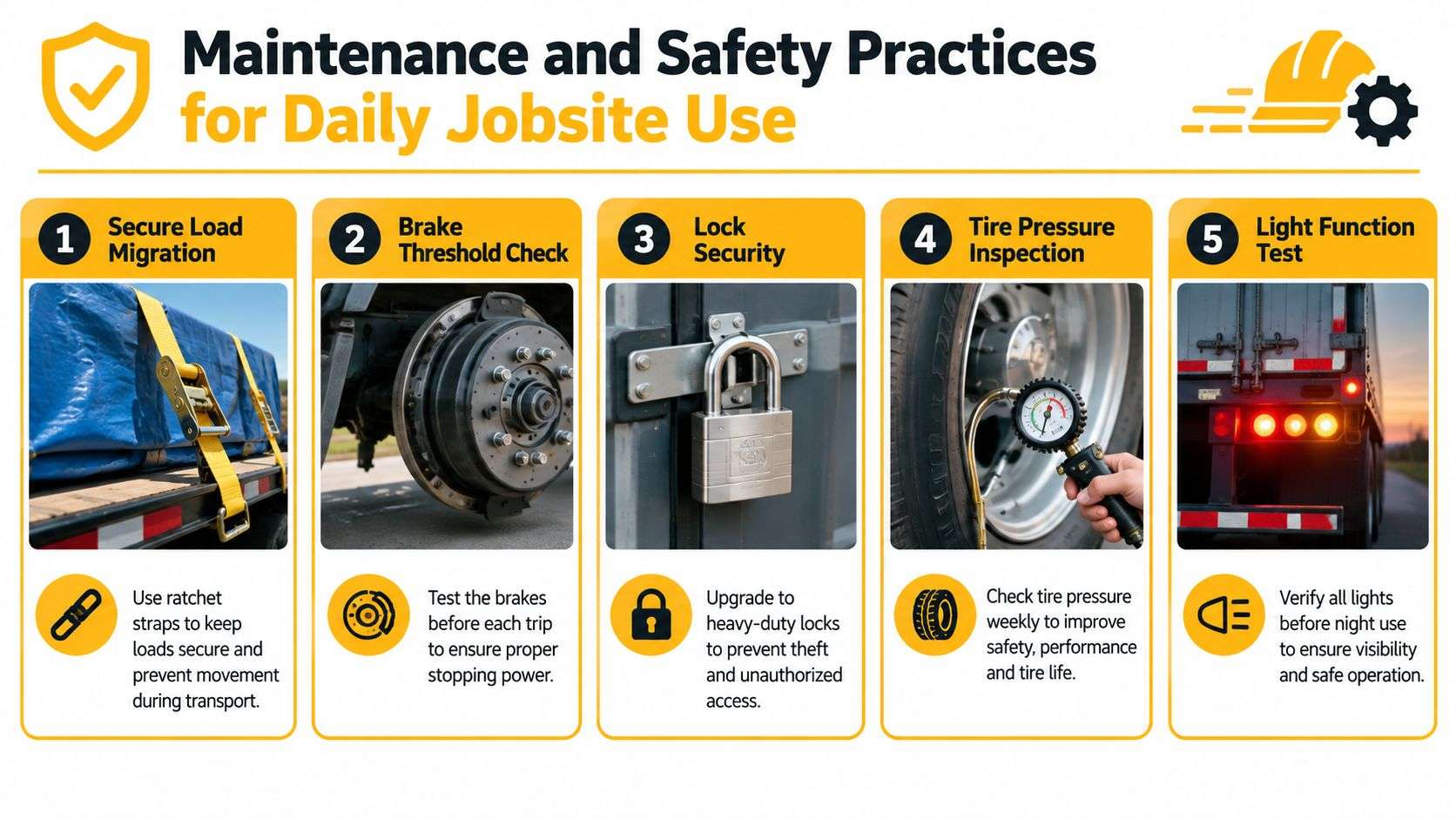An infographic showing five essential safety and maintenance practices for using enclosed work trailers on a daily basis.